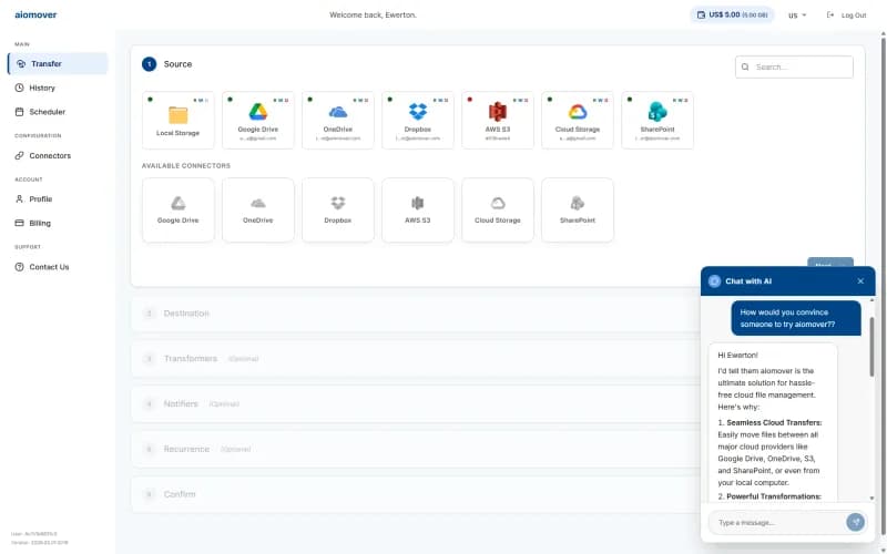 aiomover wizard step 1 - connector selection with AI chat assistant open
