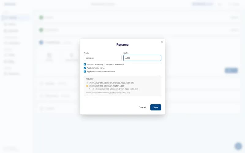 aiomover rename transformer configuration modal with prefix, suffix, timestamp, and recursive settings