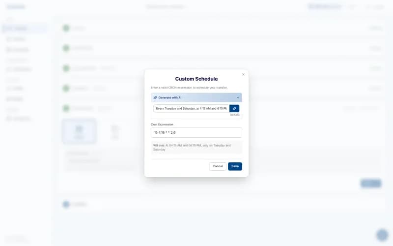 aiomover custom schedule with AI-generated cron expression for Tuesday and Saturday at 4:15 AM and 6:15 PM
