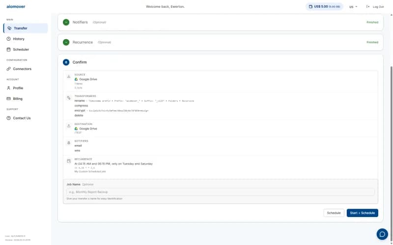 aiomover wizard final confirmation step showing full job summary with schedule and start options