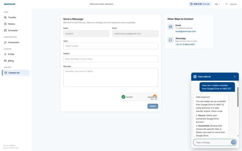 aiomover contact page with form, email, WhatsApp options, and AI chat assistant open