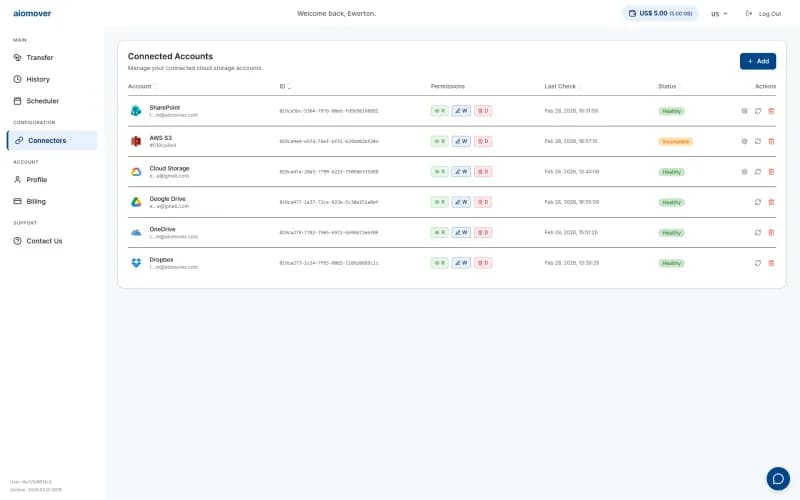 aiomover connectors management tab showing connector status and actions