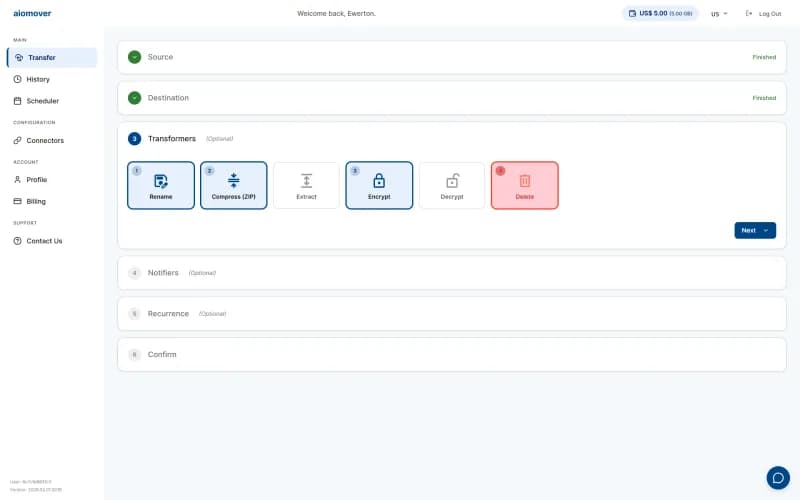 aiomover wizard step 3 - file transformers with rename, compress, encrypt, and delete active