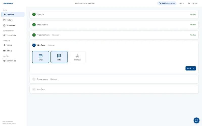 aiomover wizard step 4 - notifications configured with email and SMS channels