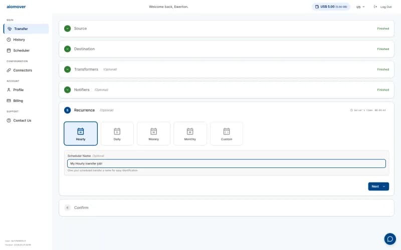 aiomover wizard step 5 - hourly recurrence schedule with custom job name