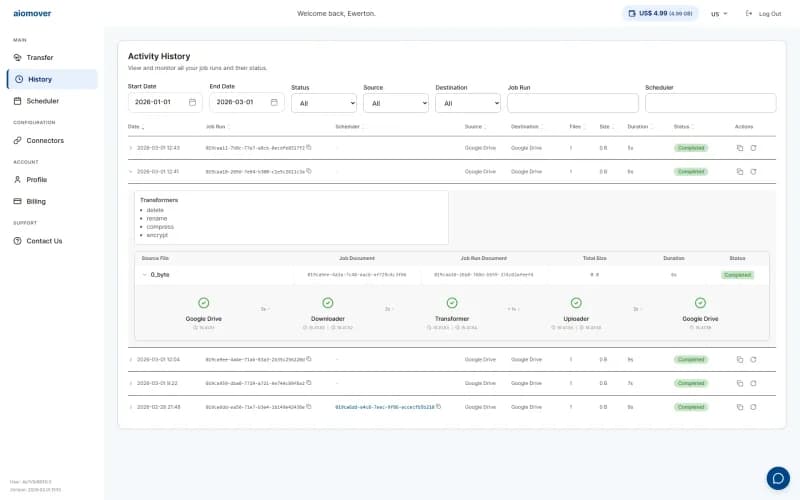 aiomover activity history page showing completed transfer jobs