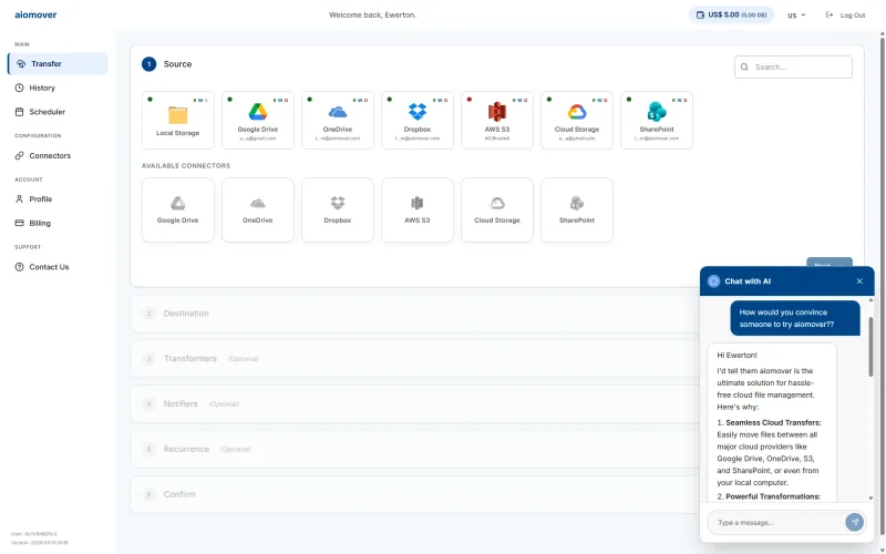 aiomover wizard step 1 - connector selection with AI chat assistant open